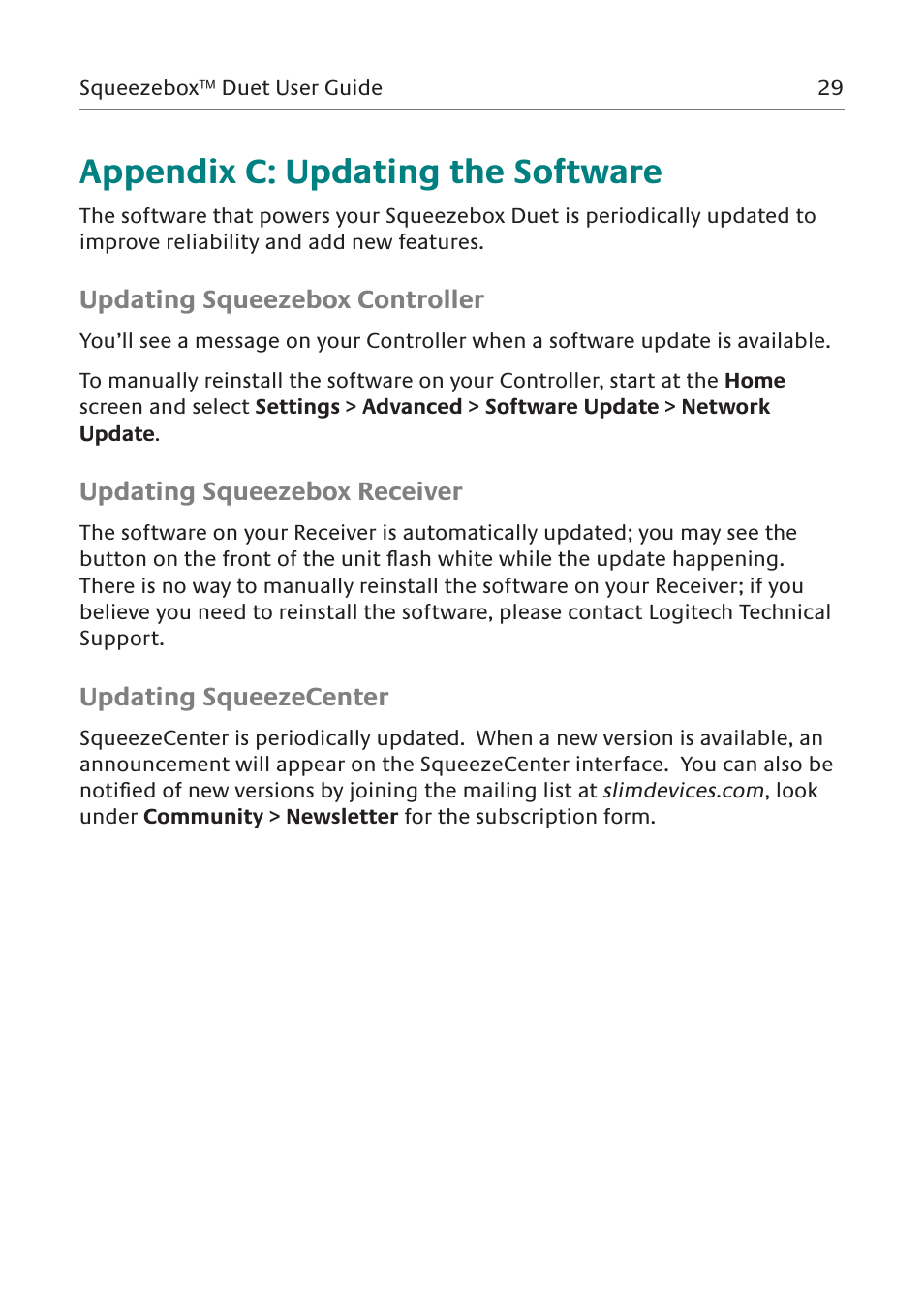Appendix c: updating the software | Logitech Network Music System User Manual | Page 30 / 45