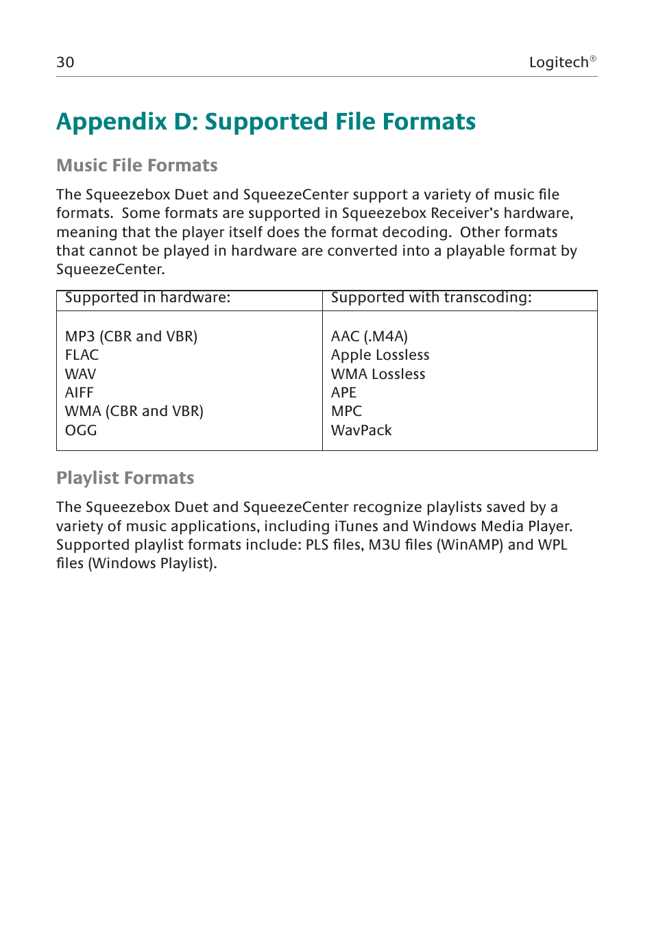Appendix d: supported file formats | Logitech Network Music System User Manual | Page 31 / 45