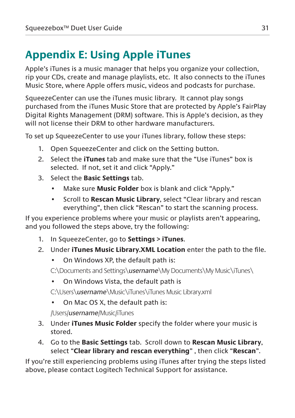 Appendix e: using apple itunes | Logitech Network Music System User Manual | Page 32 / 45