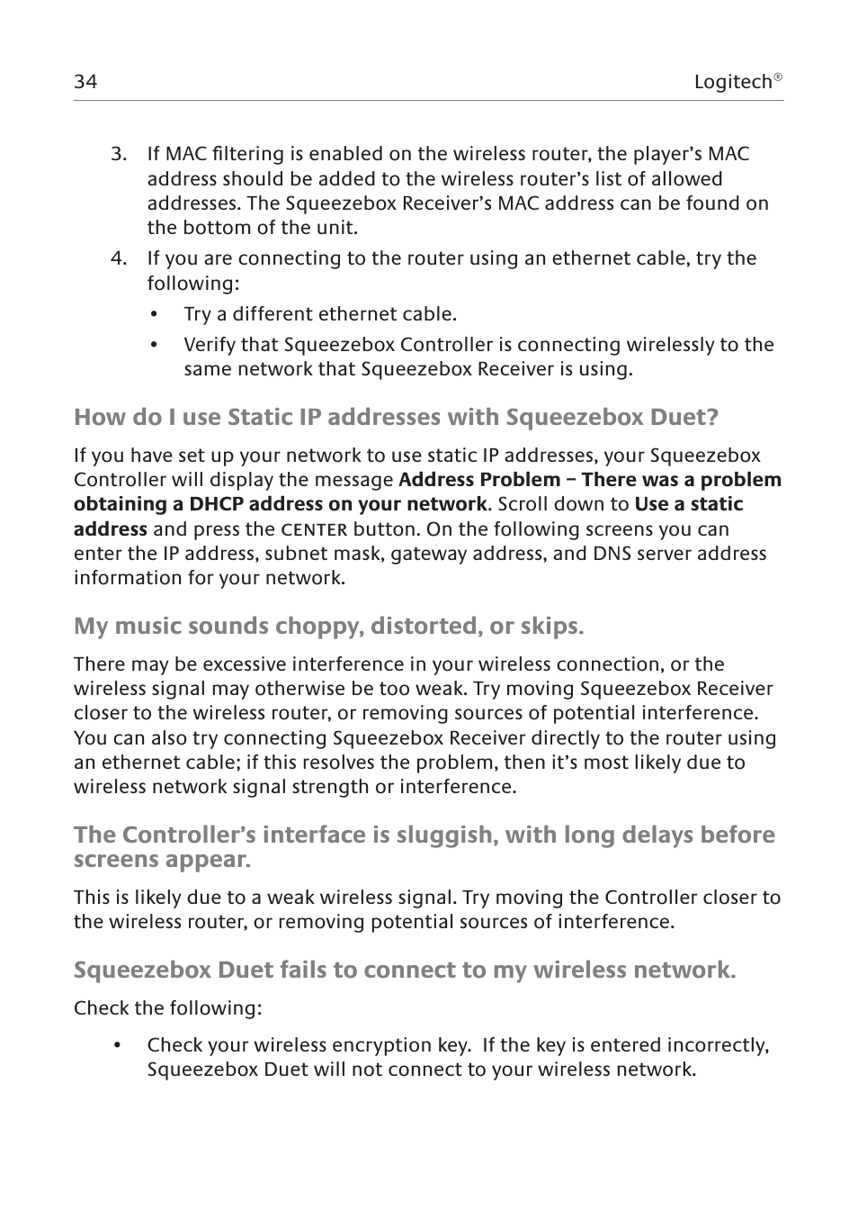 My music sounds choppy, distorted, or skips | Logitech Network Music System User Manual | Page 35 / 45