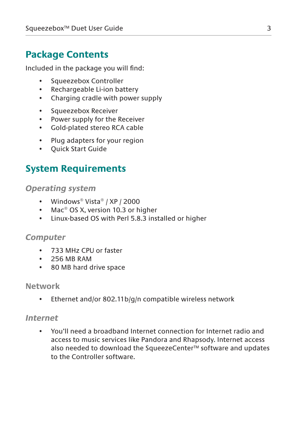 Package contents, System requirements, Operating system | Computer, Network, Internet | Logitech Network Music System User Manual | Page 4 / 45