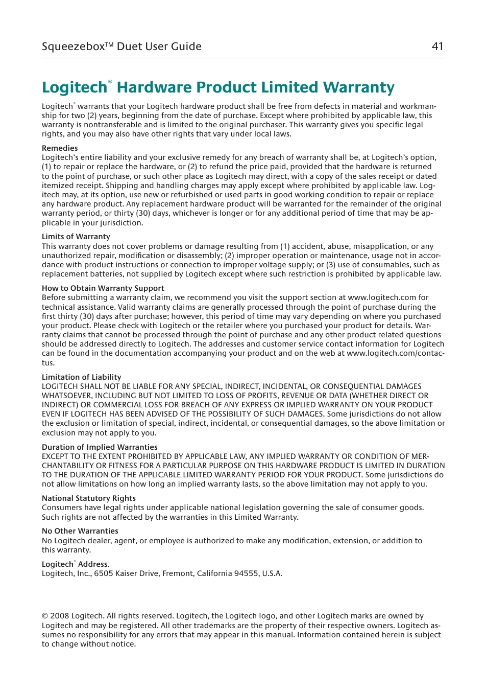 Logitech, Hardware product limited warranty, Squeezebox™ duet user guide 41 | Logitech Network Music System User Manual | Page 42 / 45