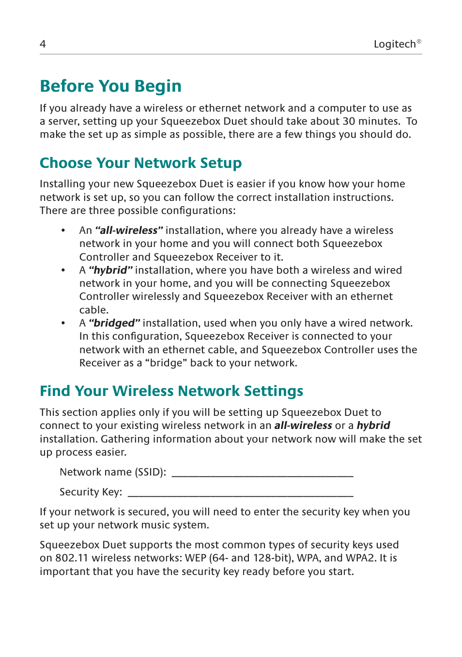 Before you begin, Choose your network setup, Find your wireless network settings | Logitech Network Music System User Manual | Page 5 / 45