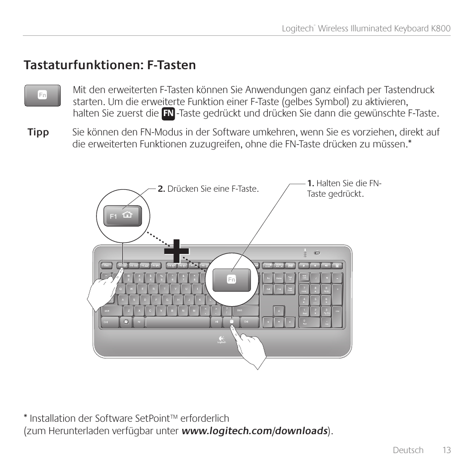 Tastaturfunktionen: f-tasten | Logitech Wireless Keyboard K800 User Manual | Page 13 / 34