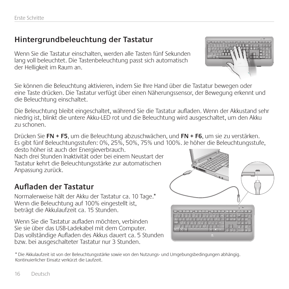 Hintergrundbeleuchtung der tastatur, Auﬂ aden der tastatur | Logitech Wireless Keyboard K800 User Manual | Page 16 / 34