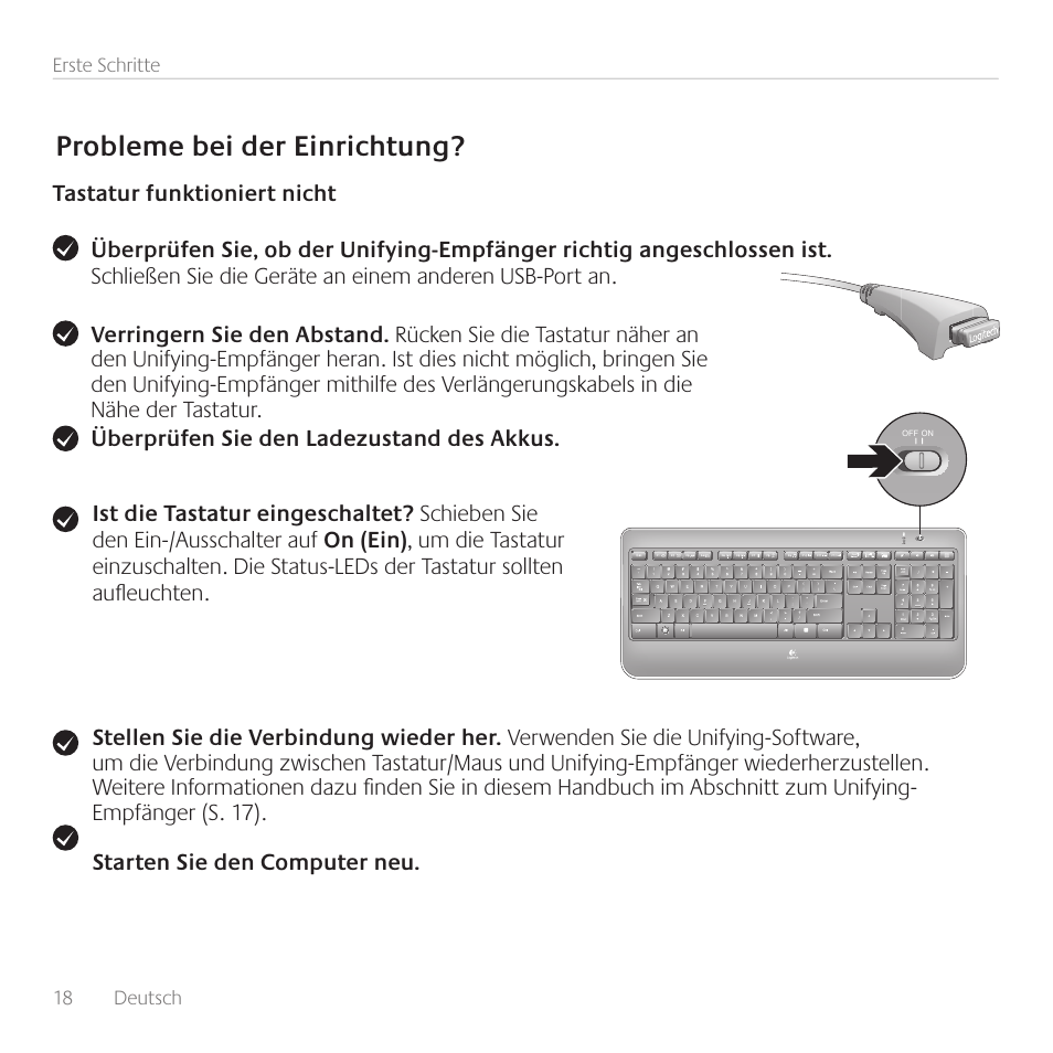 Probleme bei der einrichtung | Logitech Wireless Keyboard K800 User Manual | Page 18 / 34