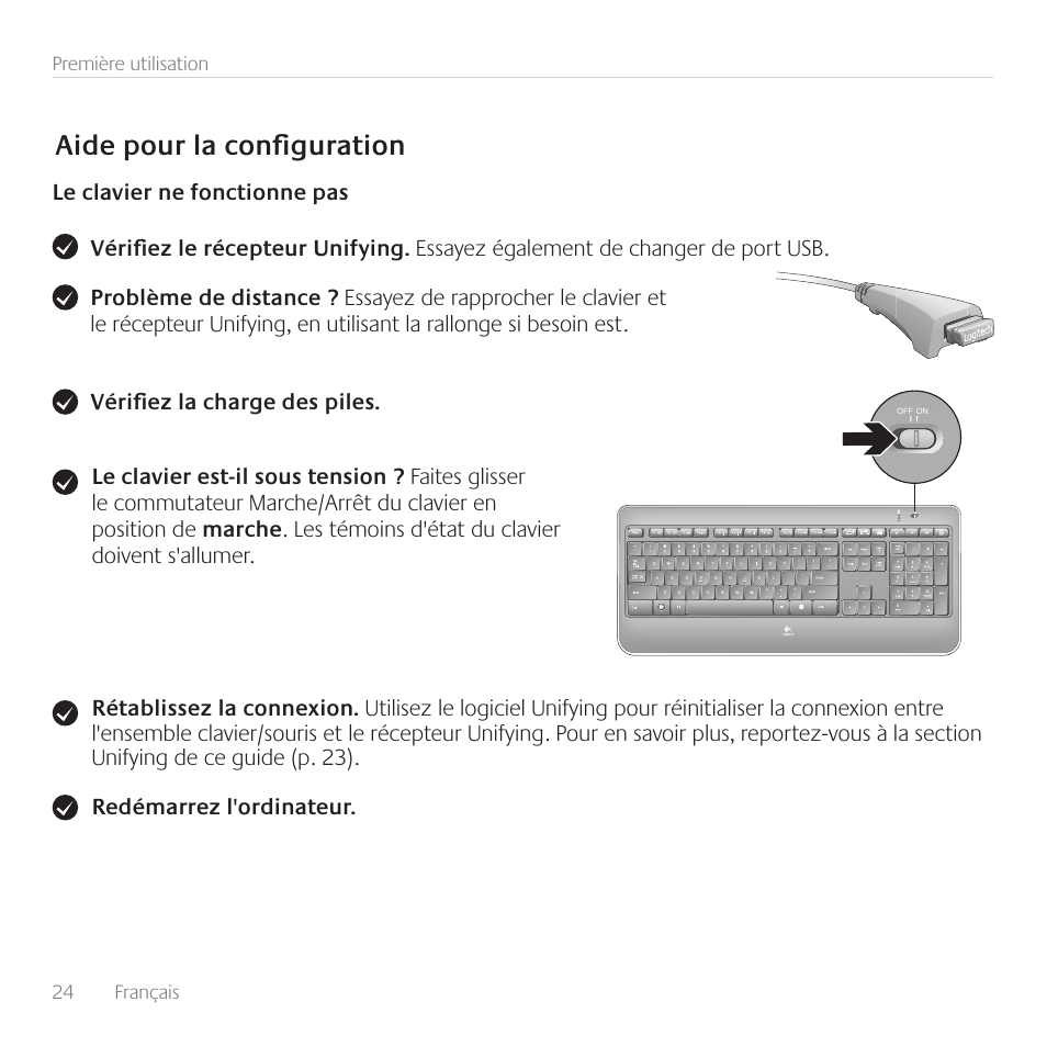 Aide pour la conﬁ guration | Logitech Wireless Keyboard K800 User Manual | Page 24 / 34