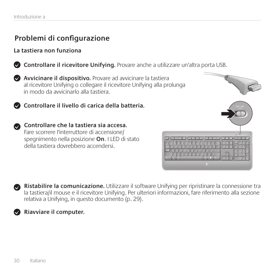 Problemi di conﬁ gurazione | Logitech Wireless Keyboard K800 User Manual | Page 30 / 34