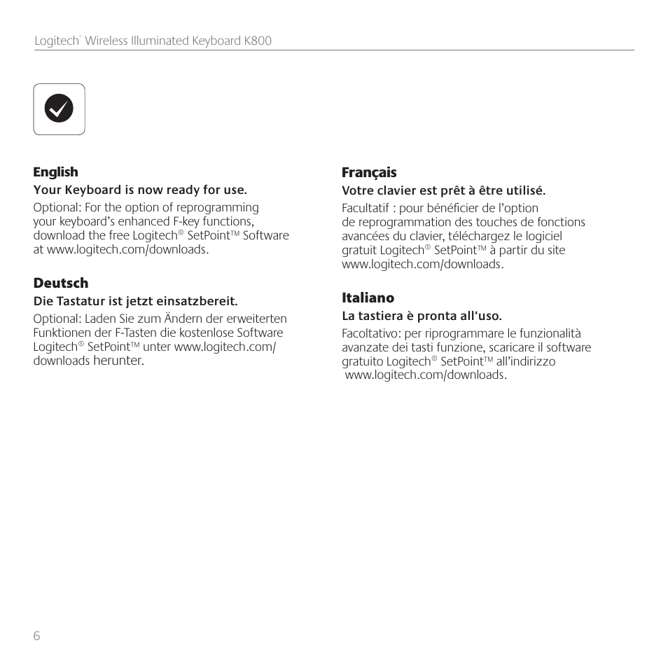Logitech Wireless Keyboard K800 User Manual | Page 6 / 34