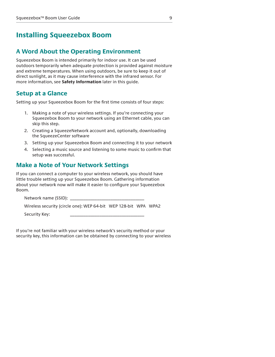 Installing squeezebox boom, A word about the operating environment, Setup at a glance | Logitech Squeezebox Boom User Manual | Page 10 / 44