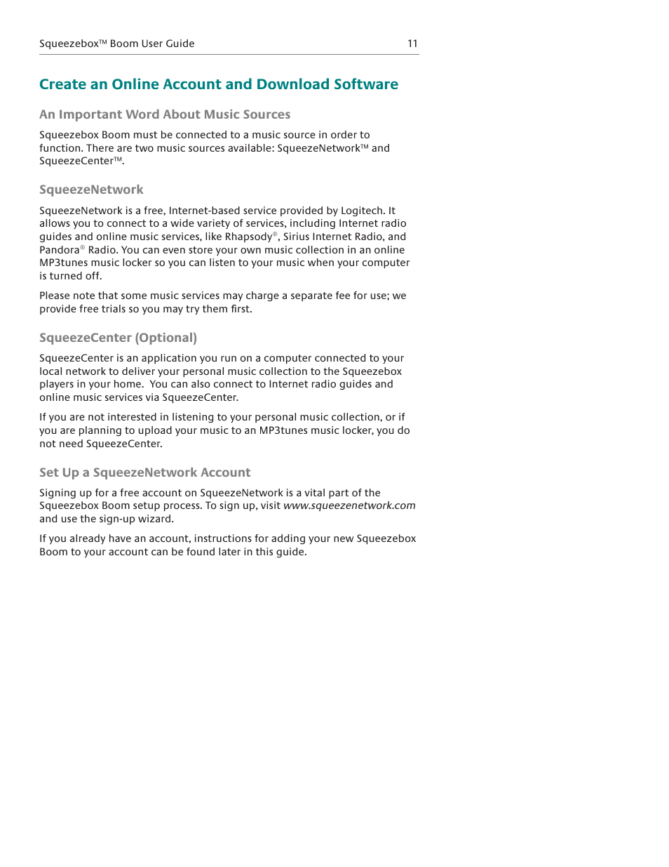 Create an online account and download software | Logitech Squeezebox Boom User Manual | Page 12 / 44
