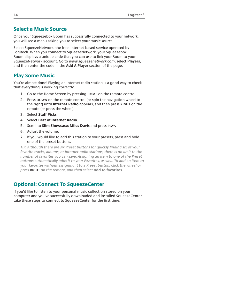 Select a music source, Play some music, Optional: connect to squeezecenter | Logitech Squeezebox Boom User Manual | Page 15 / 44