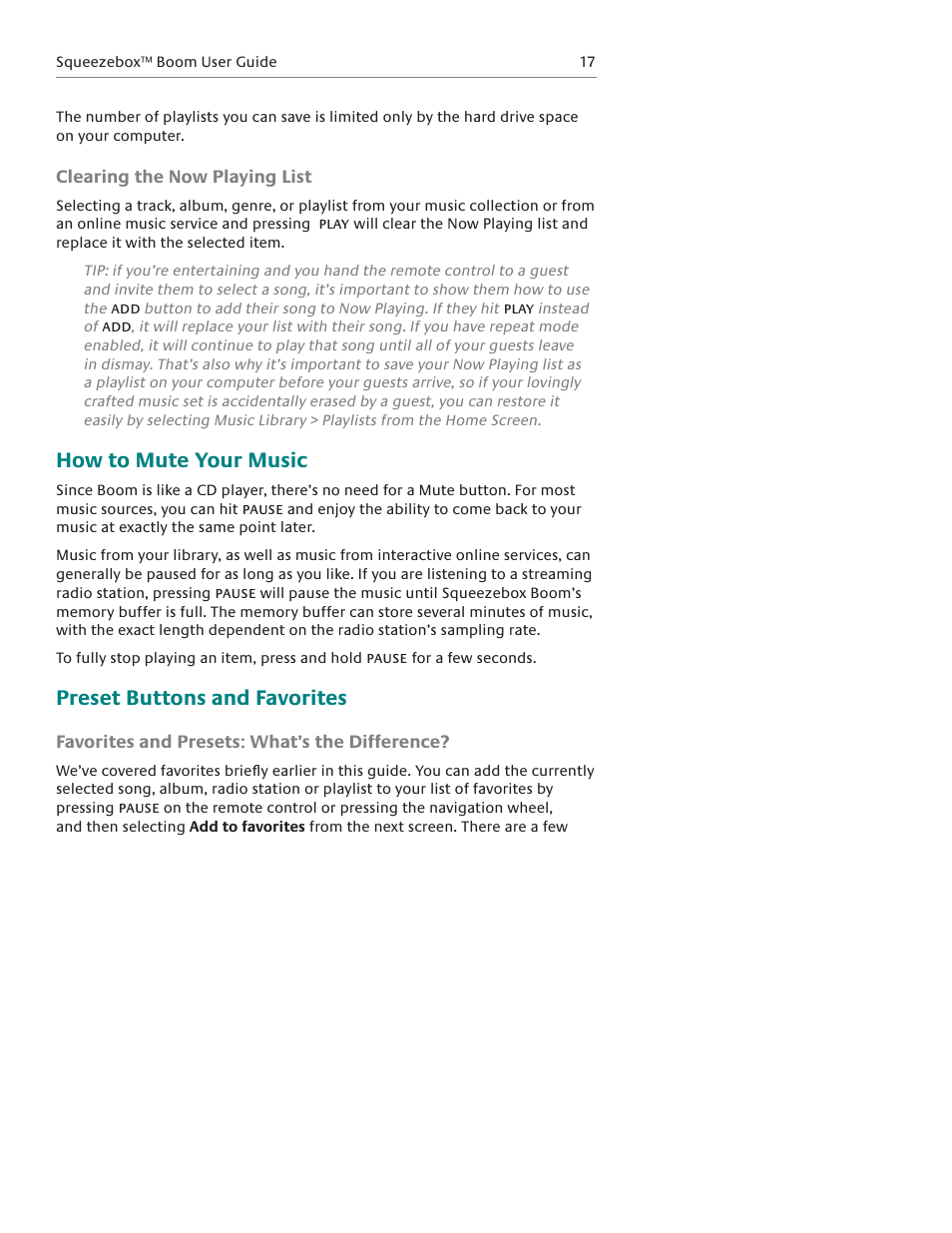 How to mute your music, Preset buttons and favorites | Logitech Squeezebox Boom User Manual | Page 18 / 44