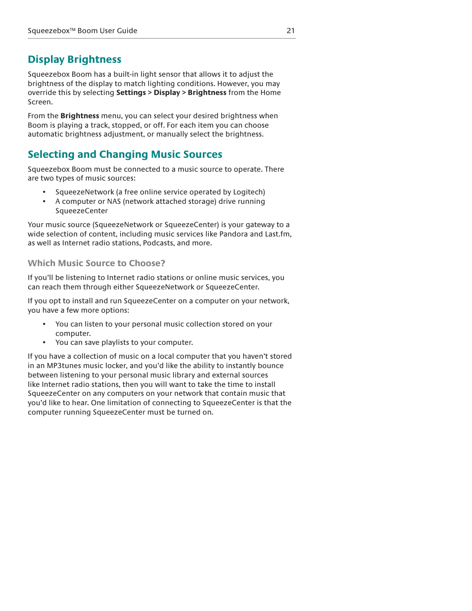 Display brightness, Selecting and changing music sources | Logitech Squeezebox Boom User Manual | Page 22 / 44