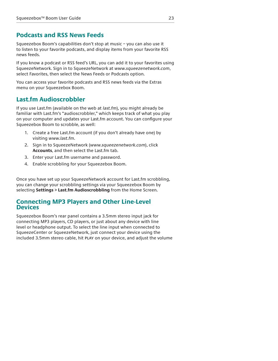Podcasts and rss news feeds, Last.fm audioscrobbler | Logitech Squeezebox Boom User Manual | Page 24 / 44