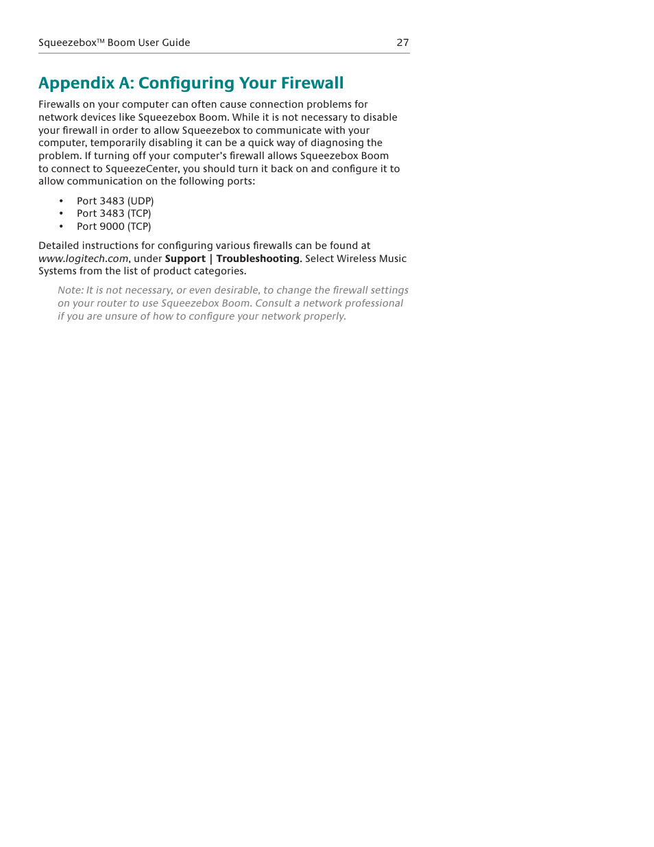 Appendix a: confi guring your firewall | Logitech Squeezebox Boom User Manual | Page 28 / 44
