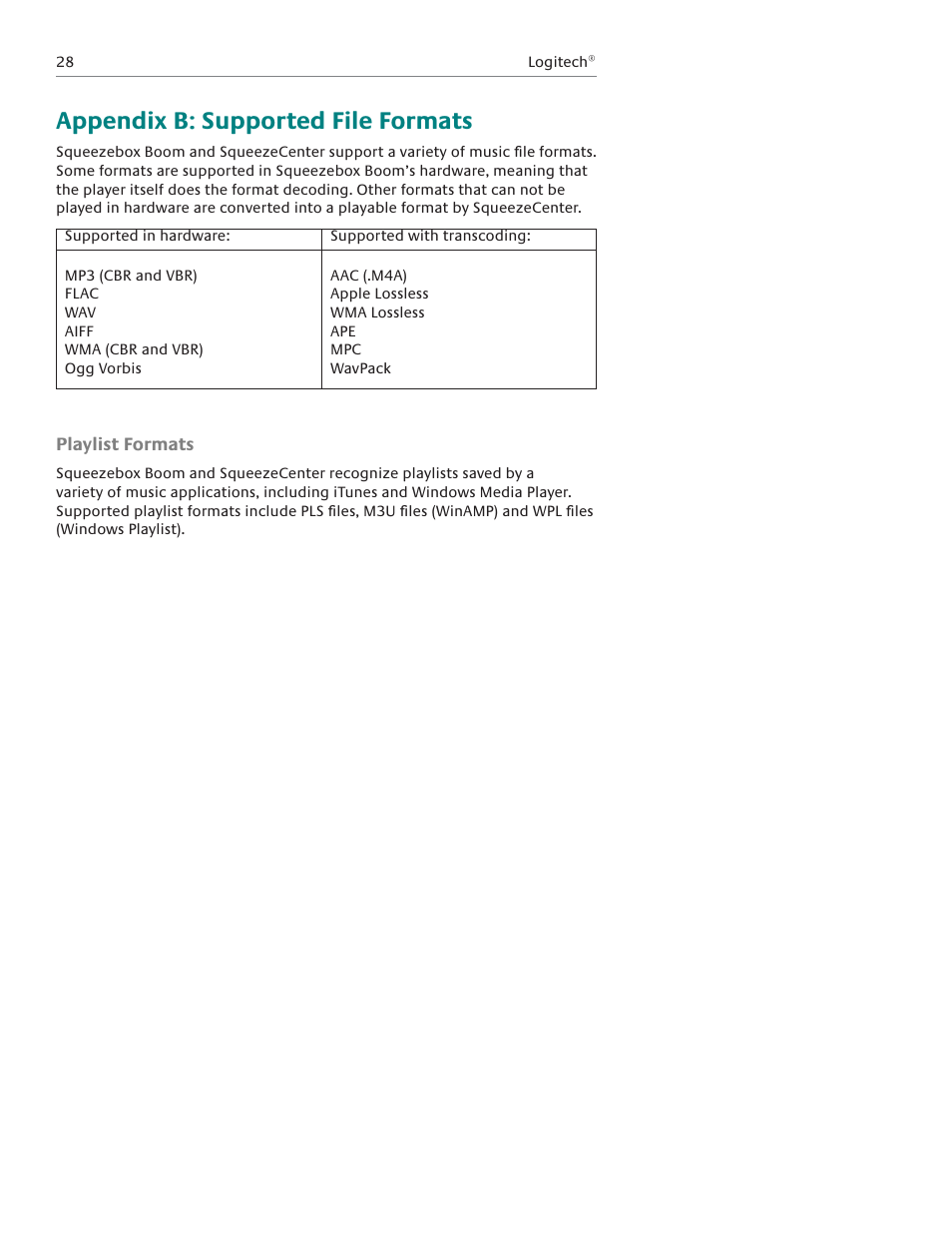 Appendix b: supported file formats | Logitech Squeezebox Boom User Manual | Page 29 / 44