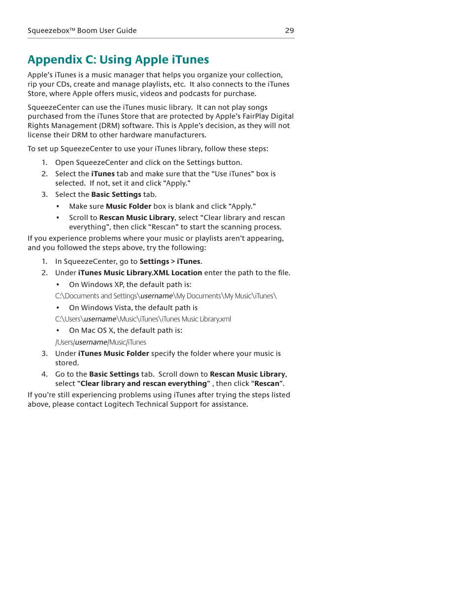 Appendix c: using apple itunes | Logitech Squeezebox Boom User Manual | Page 30 / 44