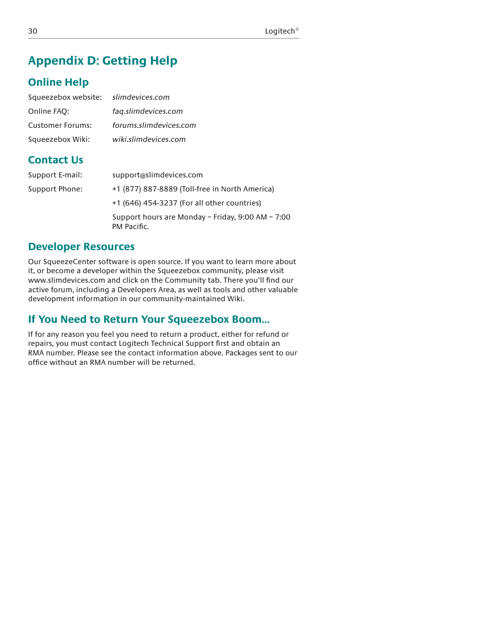 Appendix d: getting help, Online help, Contact us | Developer resources, If you need to return your squeezebox boom | Logitech Squeezebox Boom User Manual | Page 31 / 44