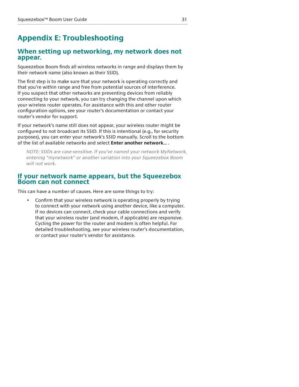 Appendix e: troubleshooting | Logitech Squeezebox Boom User Manual | Page 32 / 44