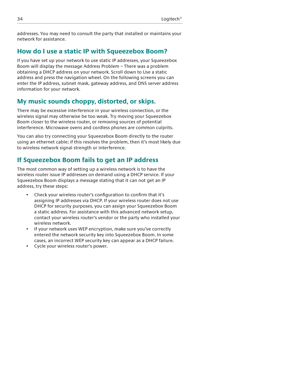 How do i use a static ip with squeezebox boom, My music sounds choppy, distorted, or skips, If squeezebox boom fails to get an ip address | Logitech Squeezebox Boom User Manual | Page 35 / 44