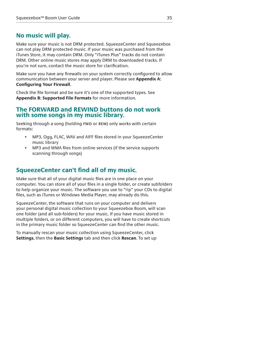 No music will play, Squeezecenter can’t fi nd all of my music | Logitech Squeezebox Boom User Manual | Page 36 / 44