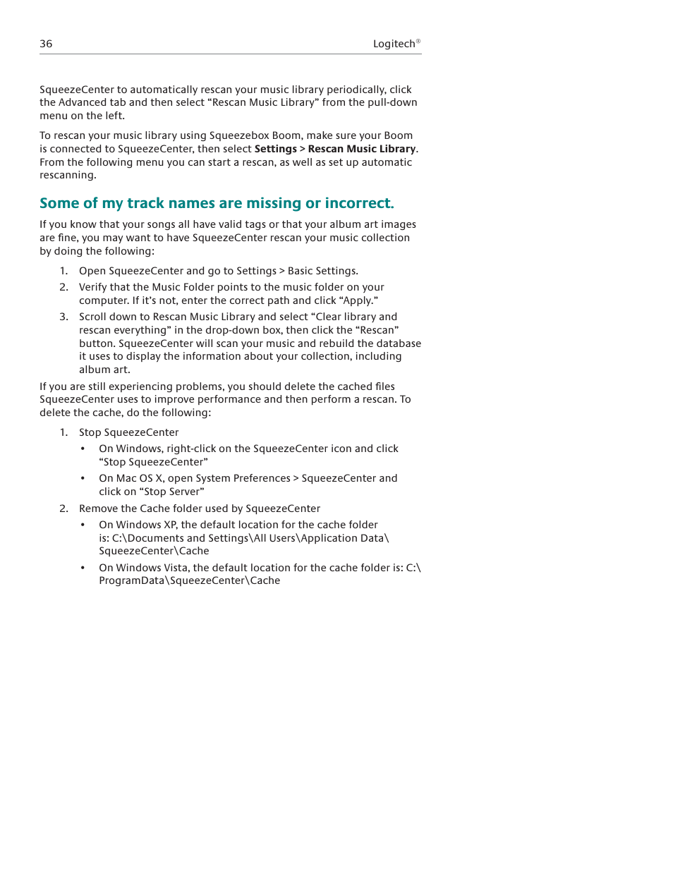Some of my track names are missing or incorrect | Logitech Squeezebox Boom User Manual | Page 37 / 44