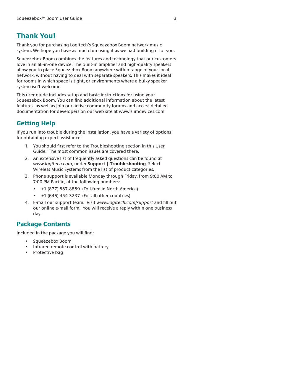 Getting help, Package contents | Logitech Squeezebox Boom User Manual | Page 4 / 44