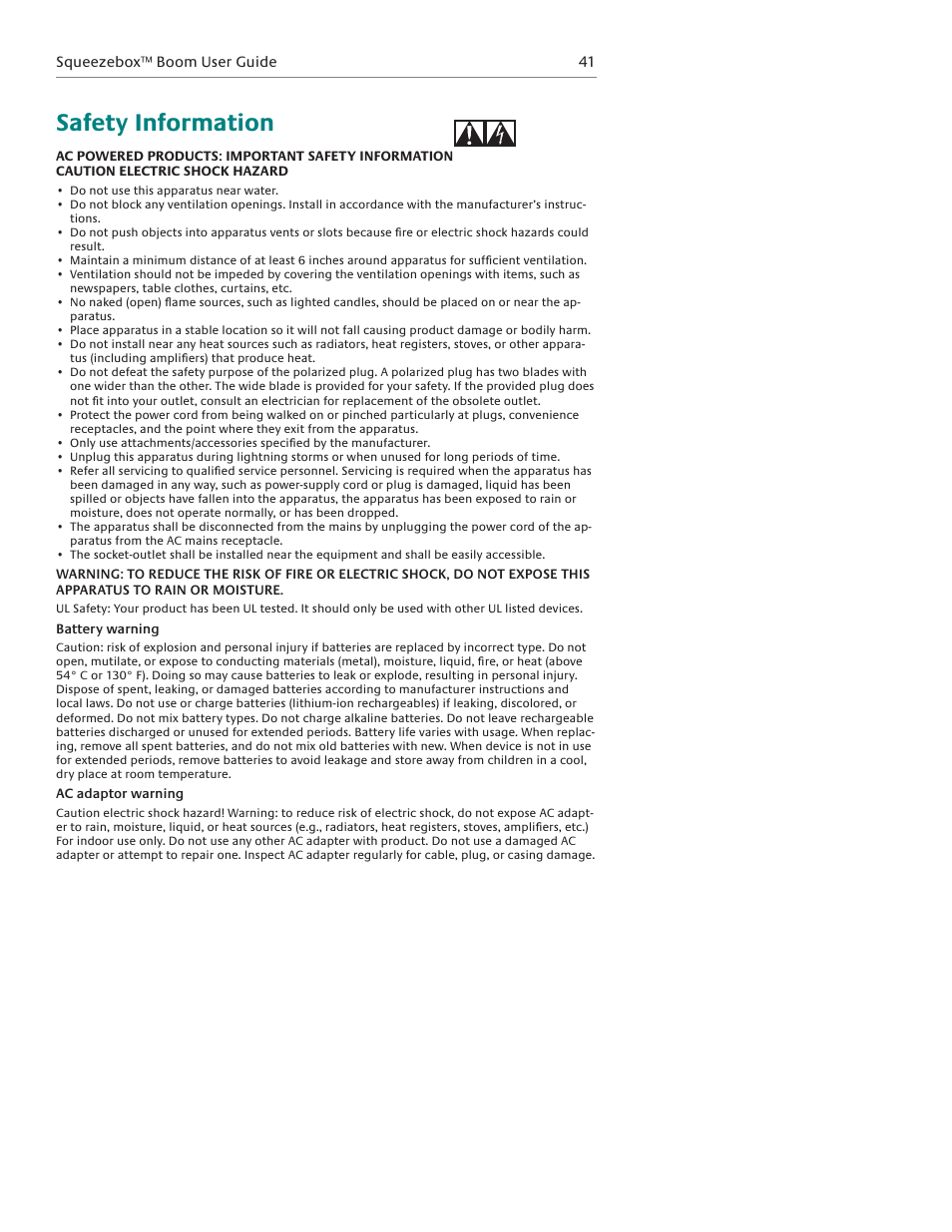Safety information | Logitech Squeezebox Boom User Manual | Page 42 / 44