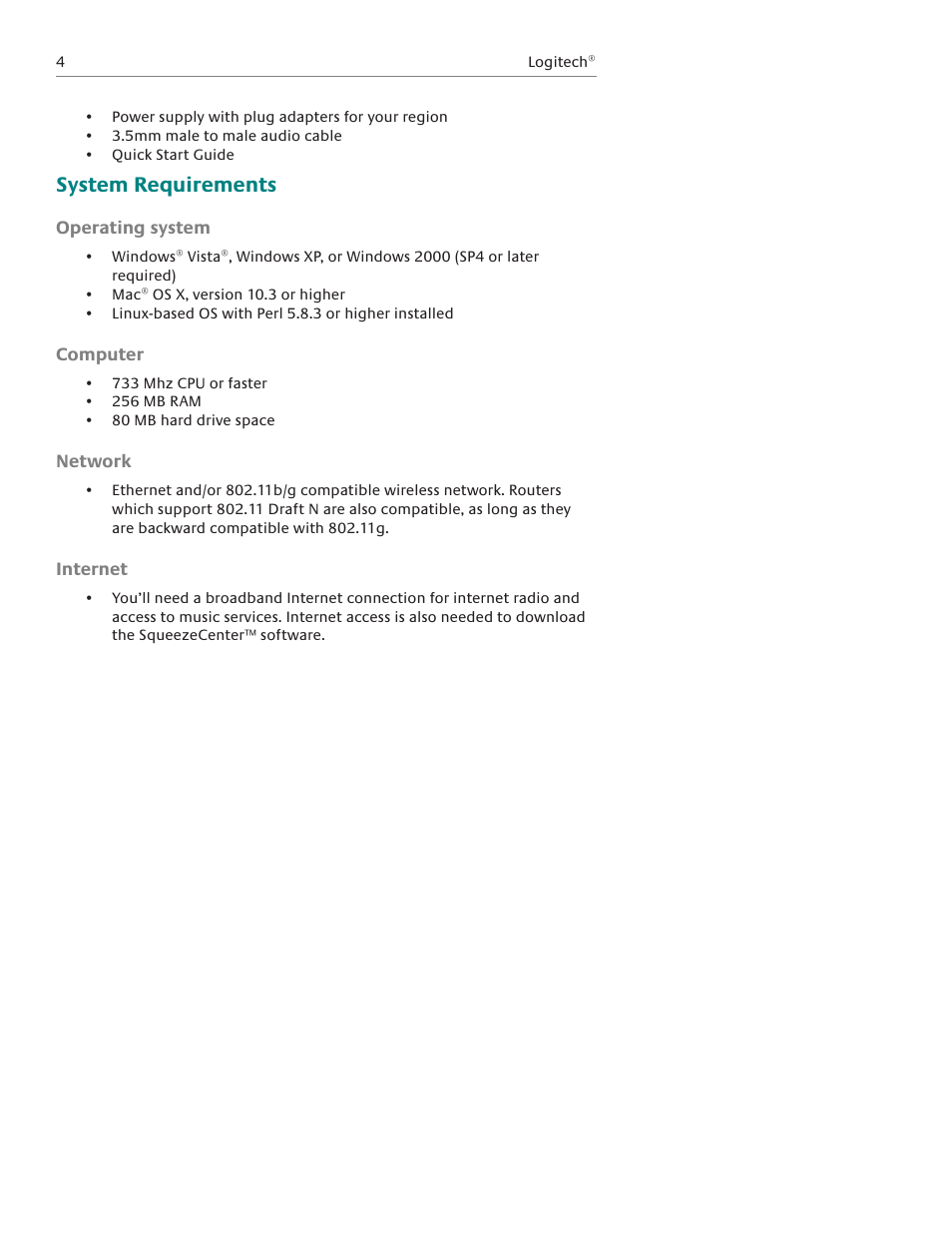 System requirements | Logitech Squeezebox Boom User Manual | Page 5 / 44