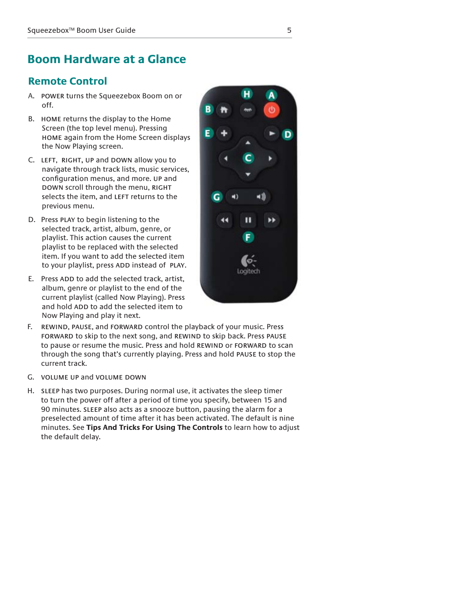 Boom hardware at a glance, Remote control | Logitech Squeezebox Boom User Manual | Page 6 / 44