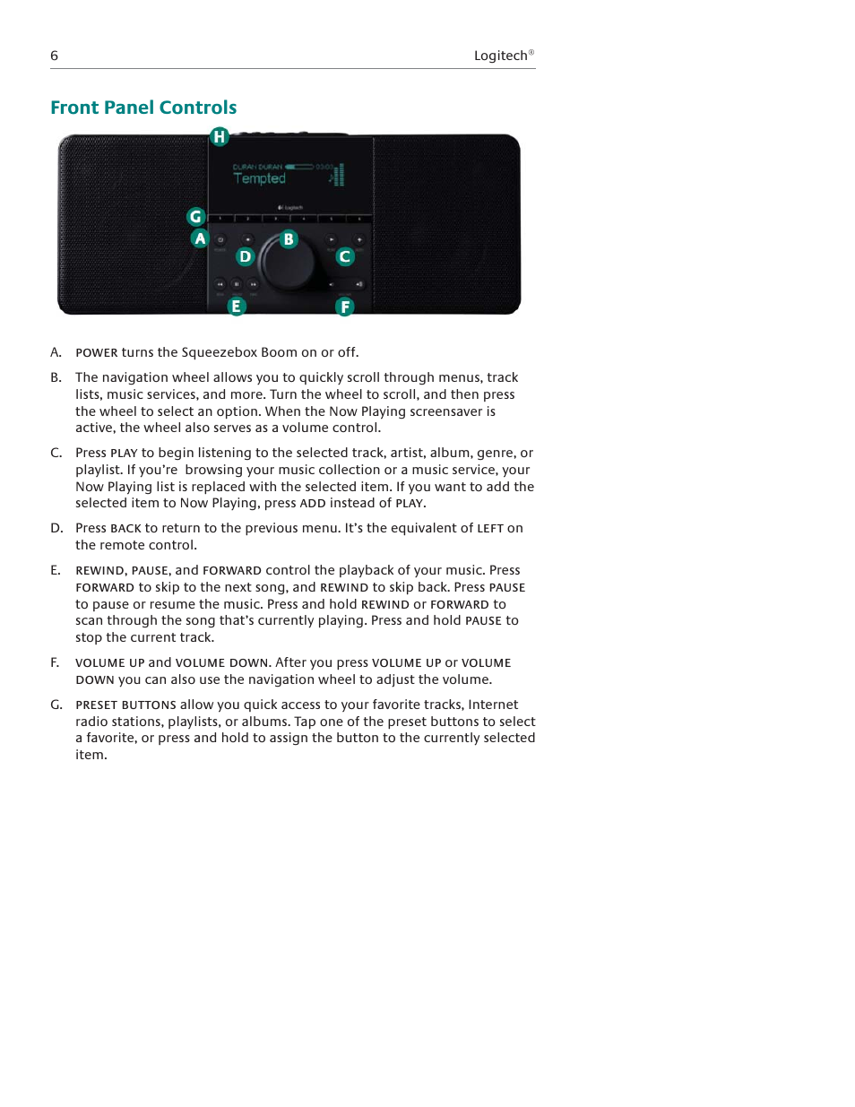 Front panel controls | Logitech Squeezebox Boom User Manual | Page 7 / 44