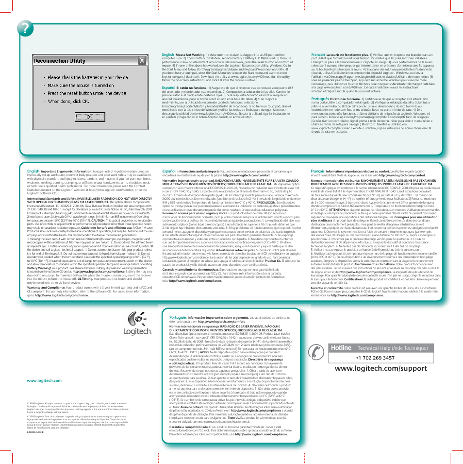 V400 laser cordless mouse for notebooks back.pdf, Hotline, Aide technique) | Logitech V400 User Manual | Page 2 / 2