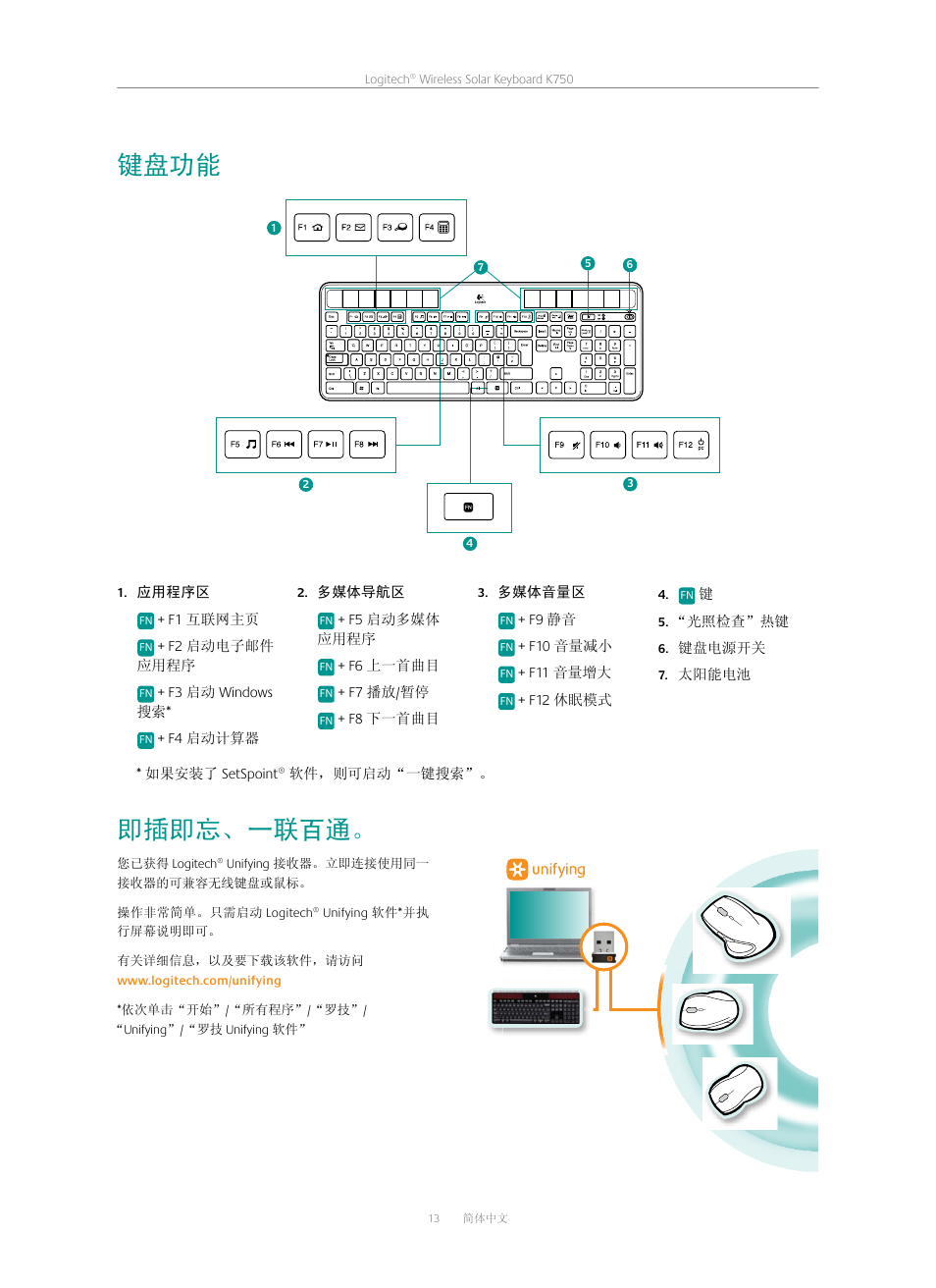 键盘功能, 即插即忘、一联百通 | Logitech K750 User Manual | Page 13 / 20