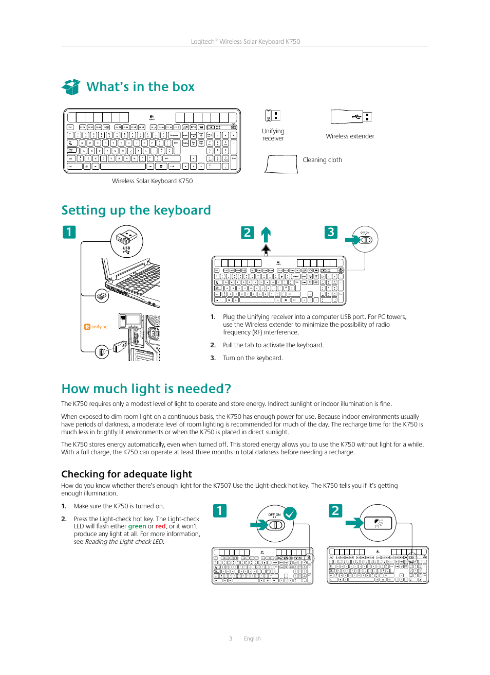 What’s in the box, Setting up the keyboard, How much light is needed | Logitech K750 User Manual | Page 3 / 20