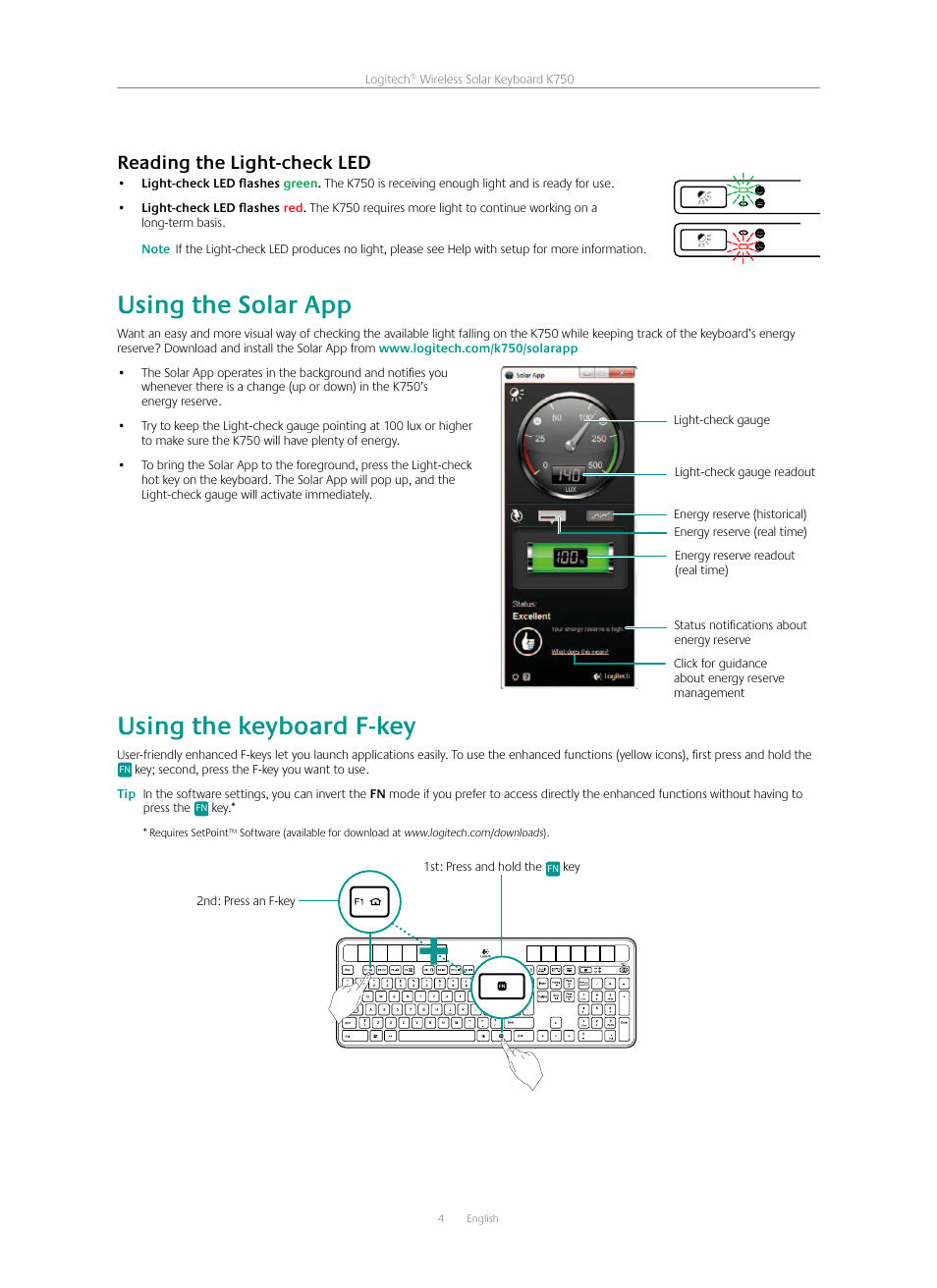 Using the solar app, Using the keyboard f-key, Reading the light-check led | Logitech K750 User Manual | Page 4 / 20