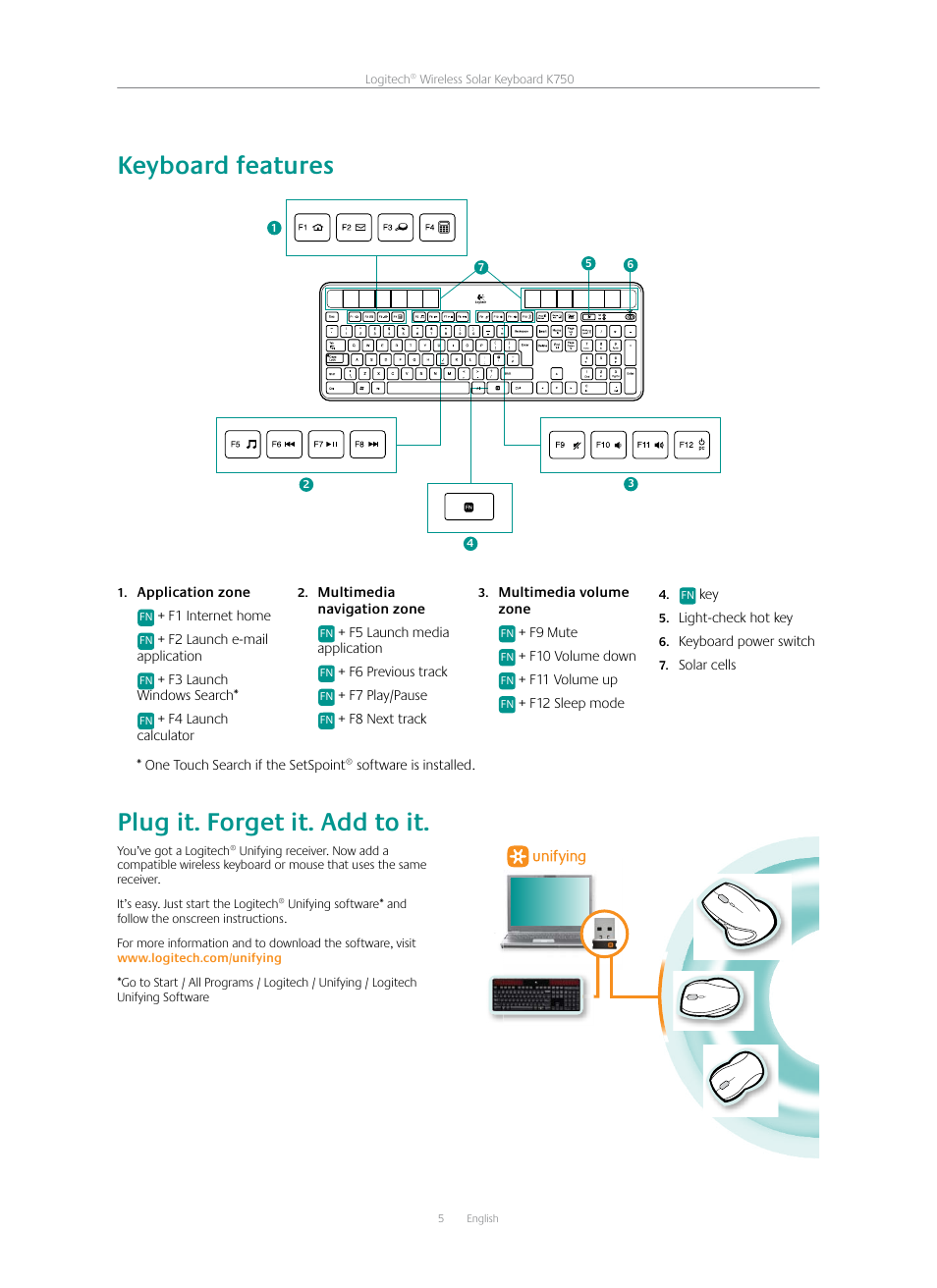 Keyboard features, Plug it. forget it. add to it | Logitech K750 User Manual | Page 5 / 20