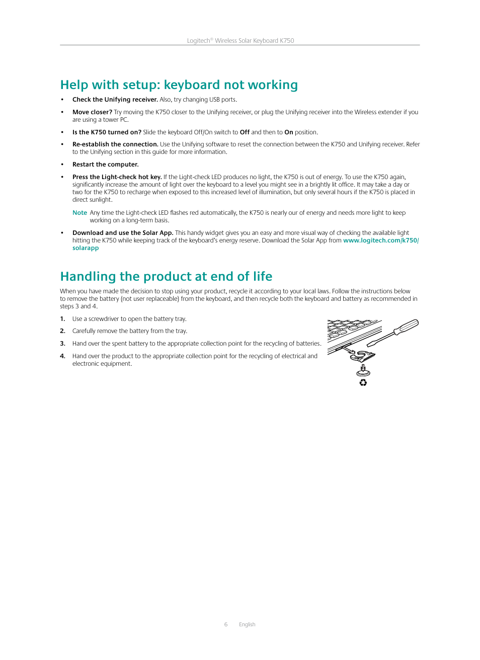 Help with setup: keyboard not working, Handling the product at end of life | Logitech K750 User Manual | Page 6 / 20