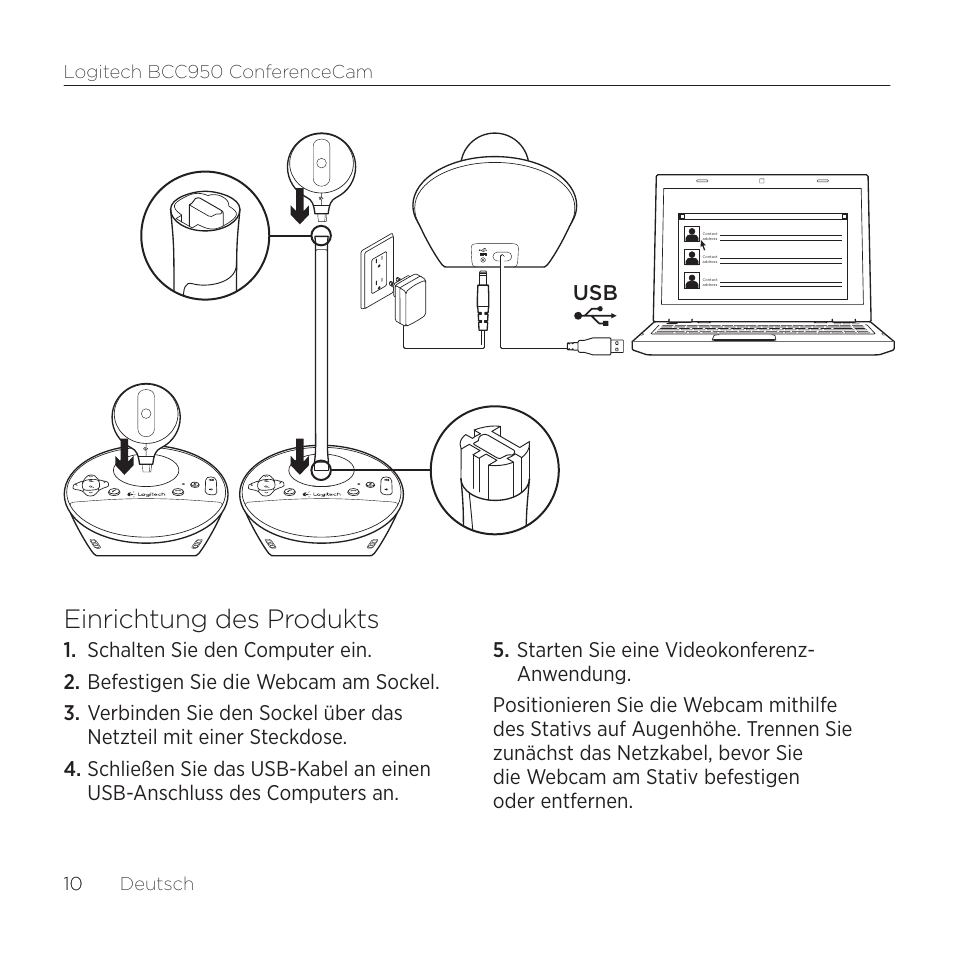 Einrichtung des produkts | Logitech ConferenceCam BCC950 User Manual | Page 10 / 68