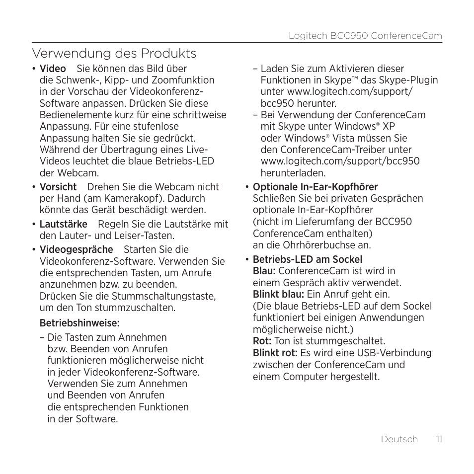 Verwendung des produkts | Logitech ConferenceCam BCC950 User Manual | Page 11 / 68