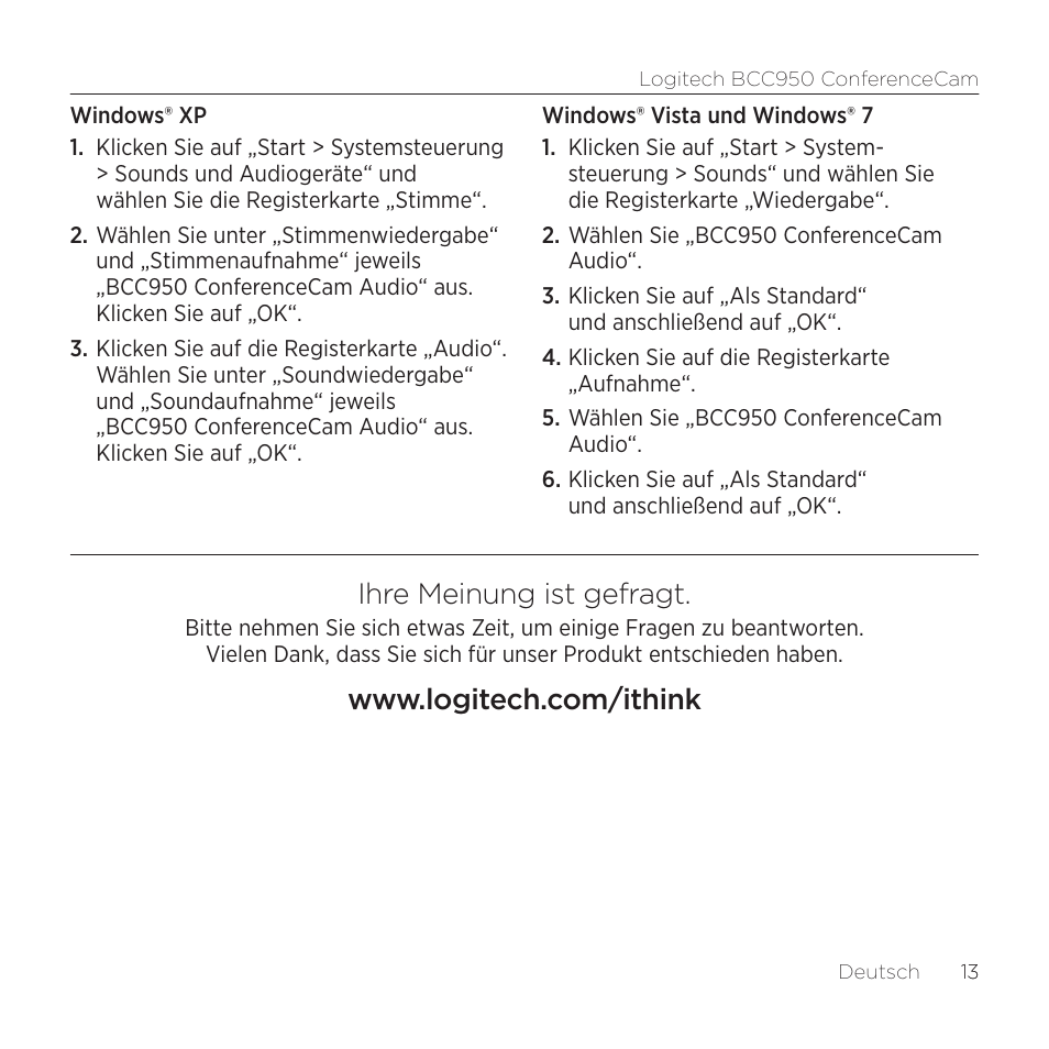 Ihre meinung ist gefragt | Logitech ConferenceCam BCC950 User Manual | Page 13 / 68