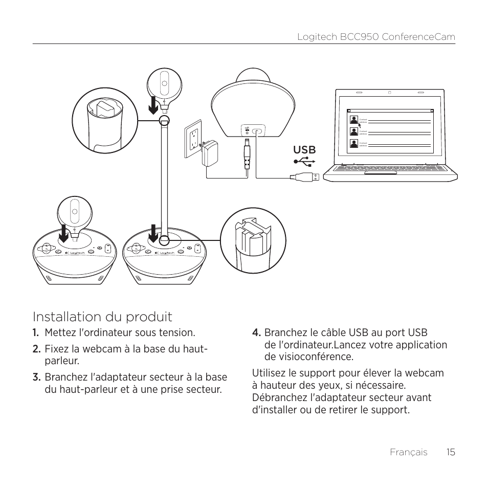 Installation du produit | Logitech ConferenceCam BCC950 User Manual | Page 15 / 68