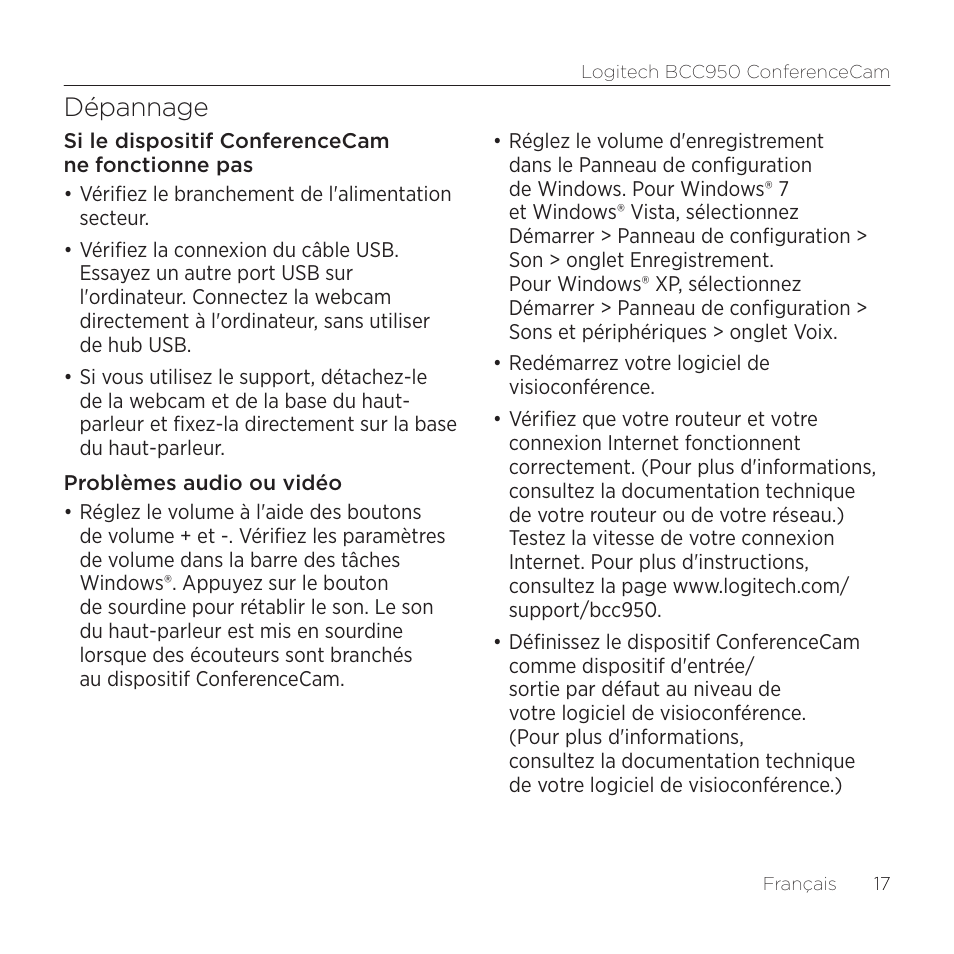 Dépannage | Logitech ConferenceCam BCC950 User Manual | Page 17 / 68