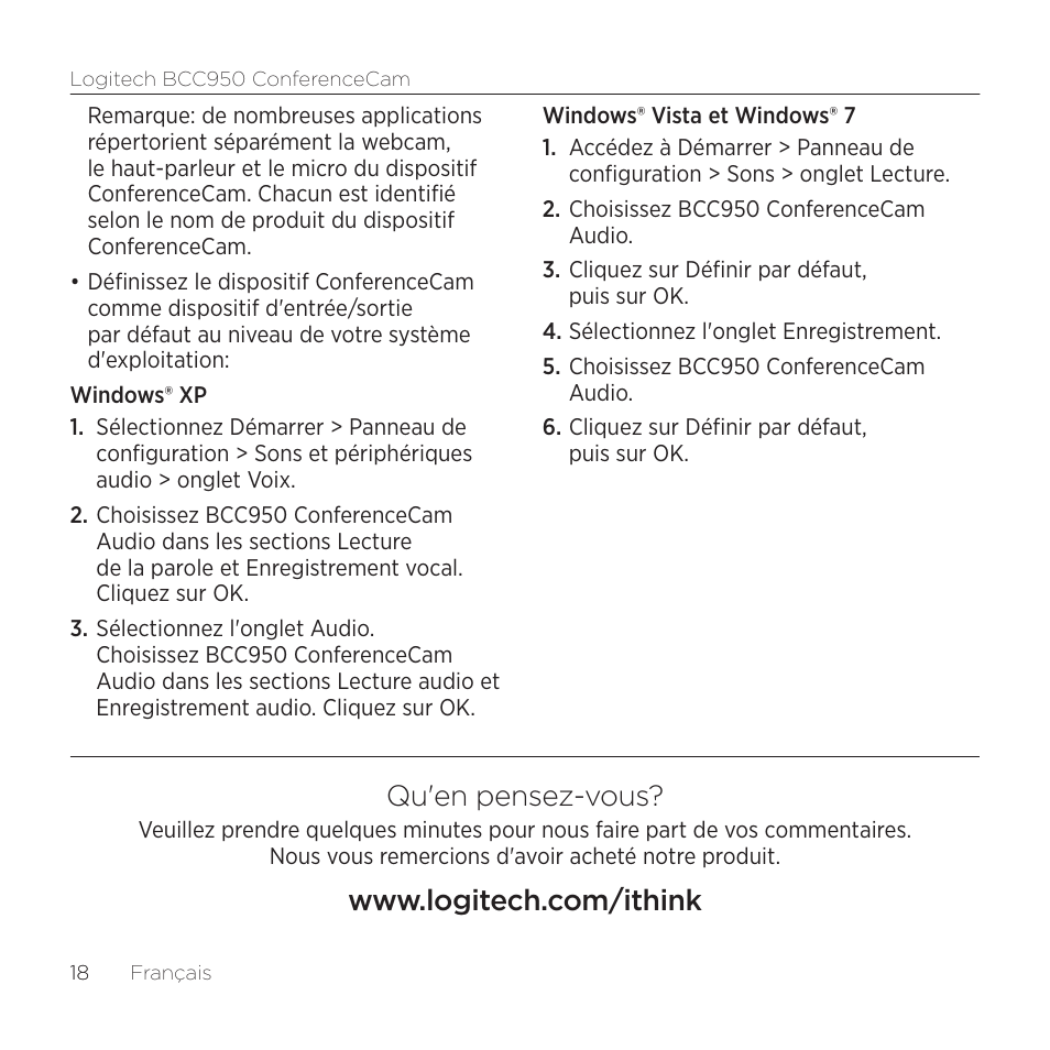 Qu'en pensez-vous | Logitech ConferenceCam BCC950 User Manual | Page 18 / 68