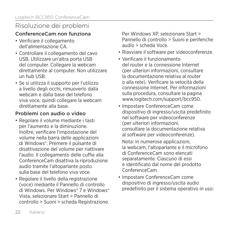 Risoluzione dei problemi | Logitech ConferenceCam BCC950 User Manual | Page 22 / 68