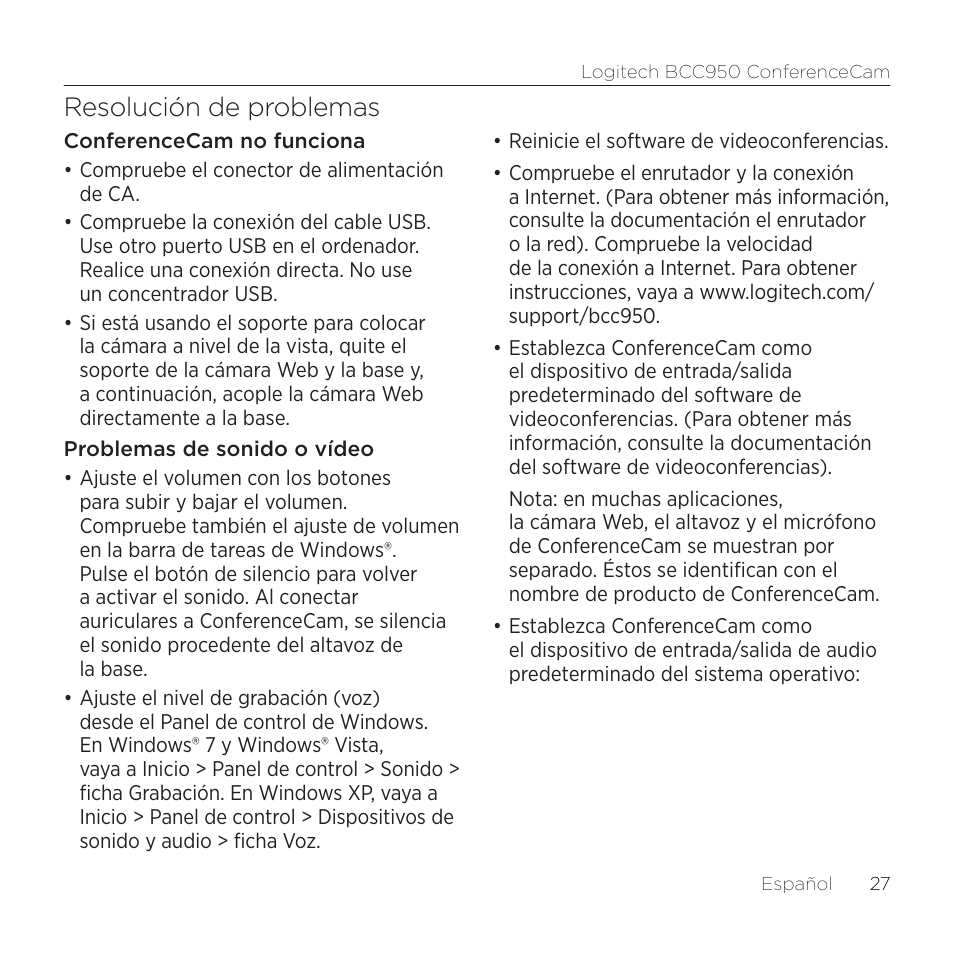 Resolución de problemas | Logitech ConferenceCam BCC950 User Manual | Page 27 / 68