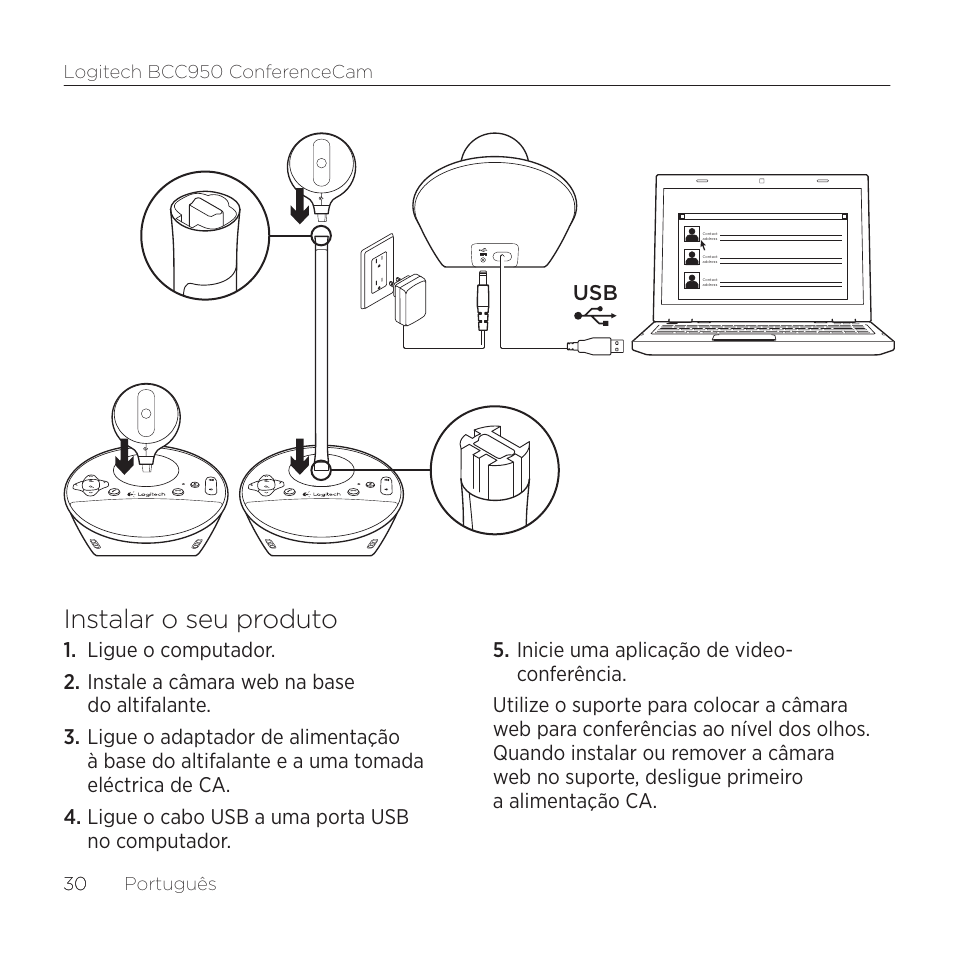 Instalar o seu produto | Logitech ConferenceCam BCC950 User Manual | Page 30 / 68