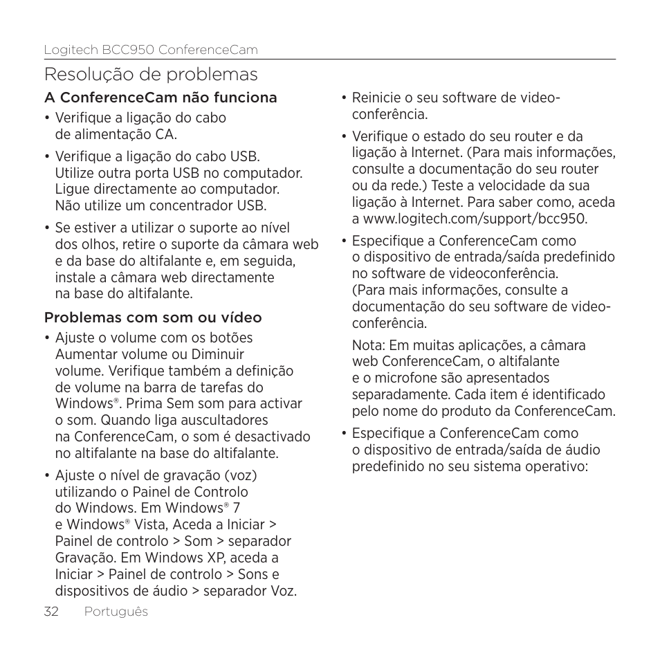 Resolução de problemas | Logitech ConferenceCam BCC950 User Manual | Page 32 / 68