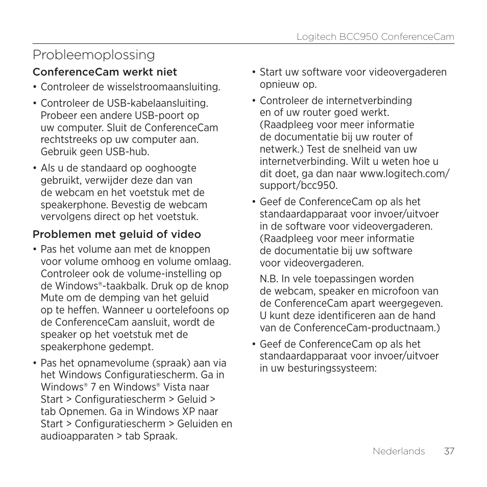 Probleemoplossing | Logitech ConferenceCam BCC950 User Manual | Page 37 / 68