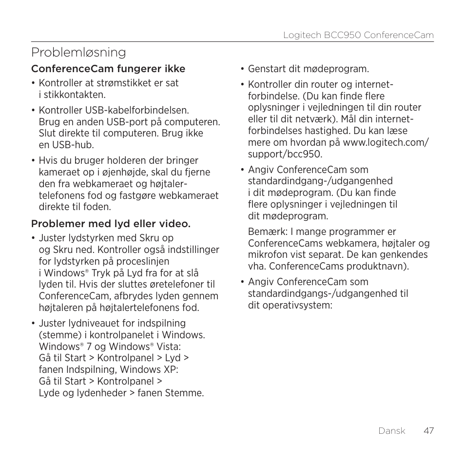 Problemløsning | Logitech ConferenceCam BCC950 User Manual | Page 47 / 68